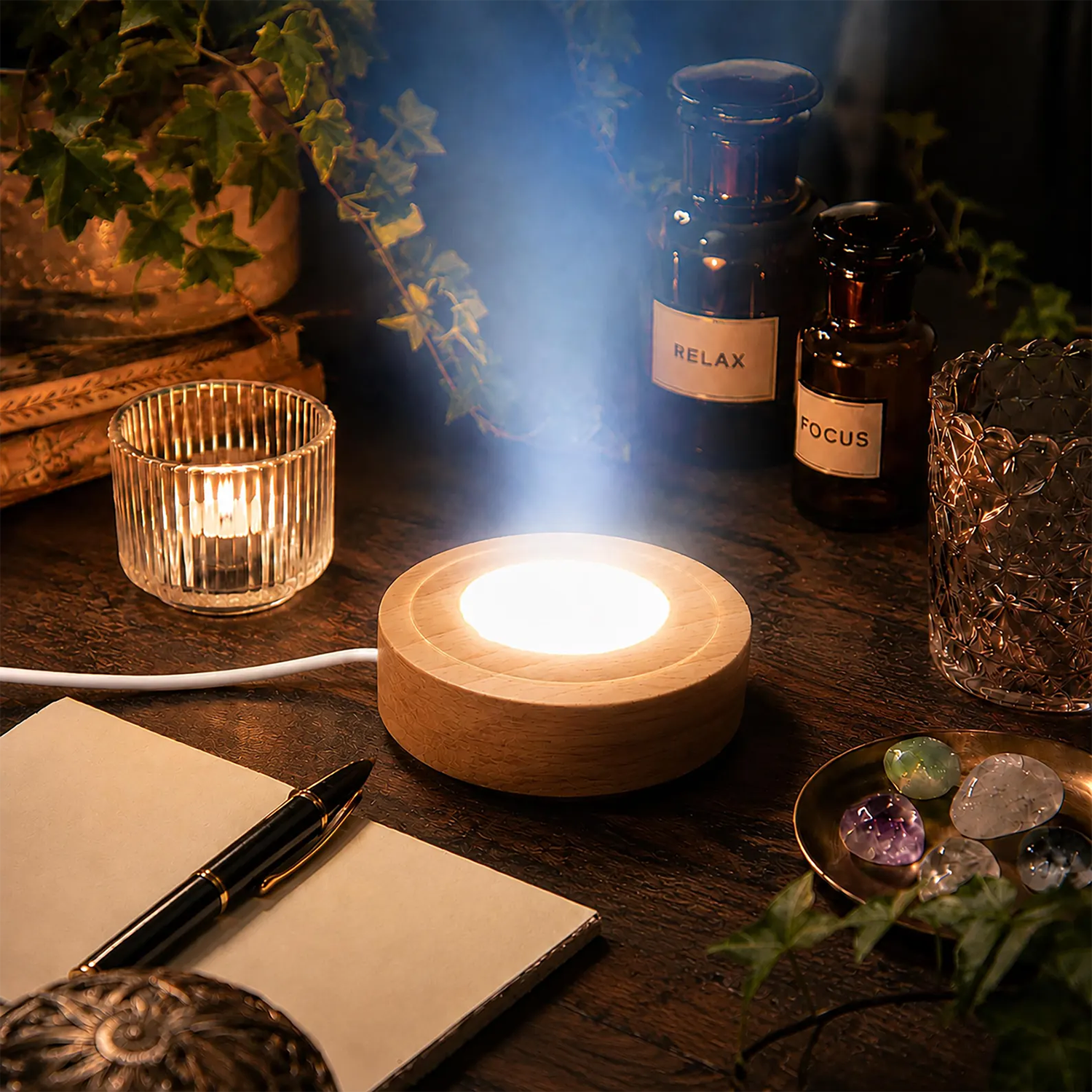 Round Wooden LED Display Base Warm Light For Crystal Spheres And Gemstones