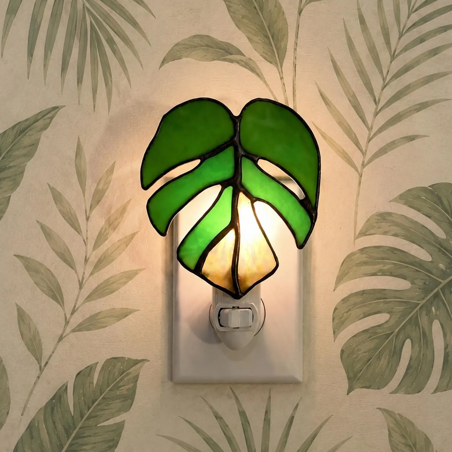 Hand‑Crafted Monstera Leaf Stained Glass Plug‑In Night Light Botanical Wall Decor