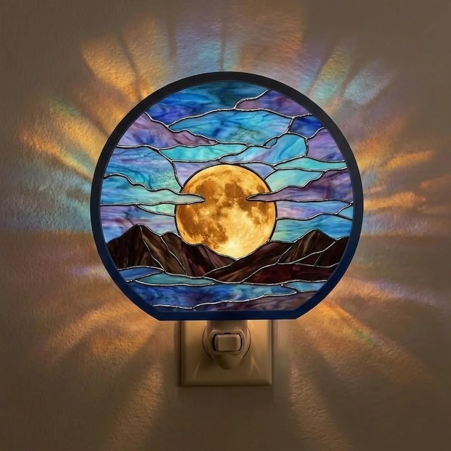 Full Moon Over Mountains Stained Glass Night Light, Celestial Landscape Plug In Lamp, Moonlit Night Sky Bedroom Decor, Nature Inspired Light