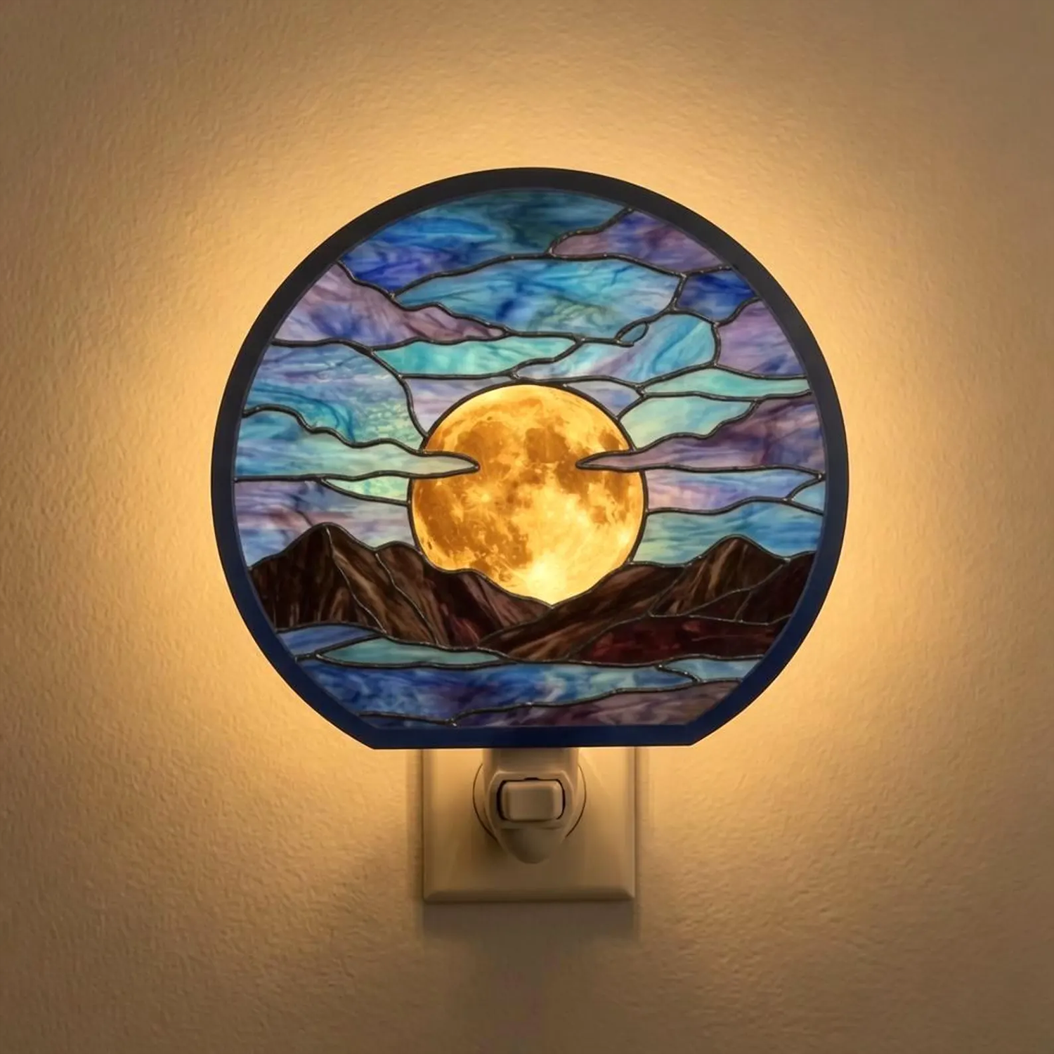 Full Moon Over Mountains Stained Glass Night Light, Celestial Landscape Plug In Lamp, Moonlit Night Sky Bedroom Decor, Nature Inspired Light