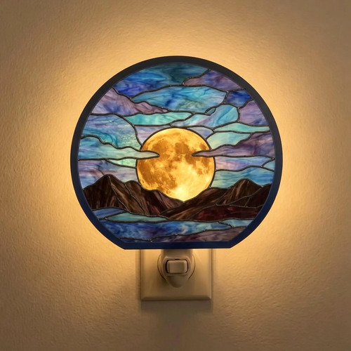 Full Moon Over Mountains Stained Glass Night Light, Celestial Landscape Plug In Lamp, Moonlit Night Sky Bedroom Decor, Nature Inspired Light
