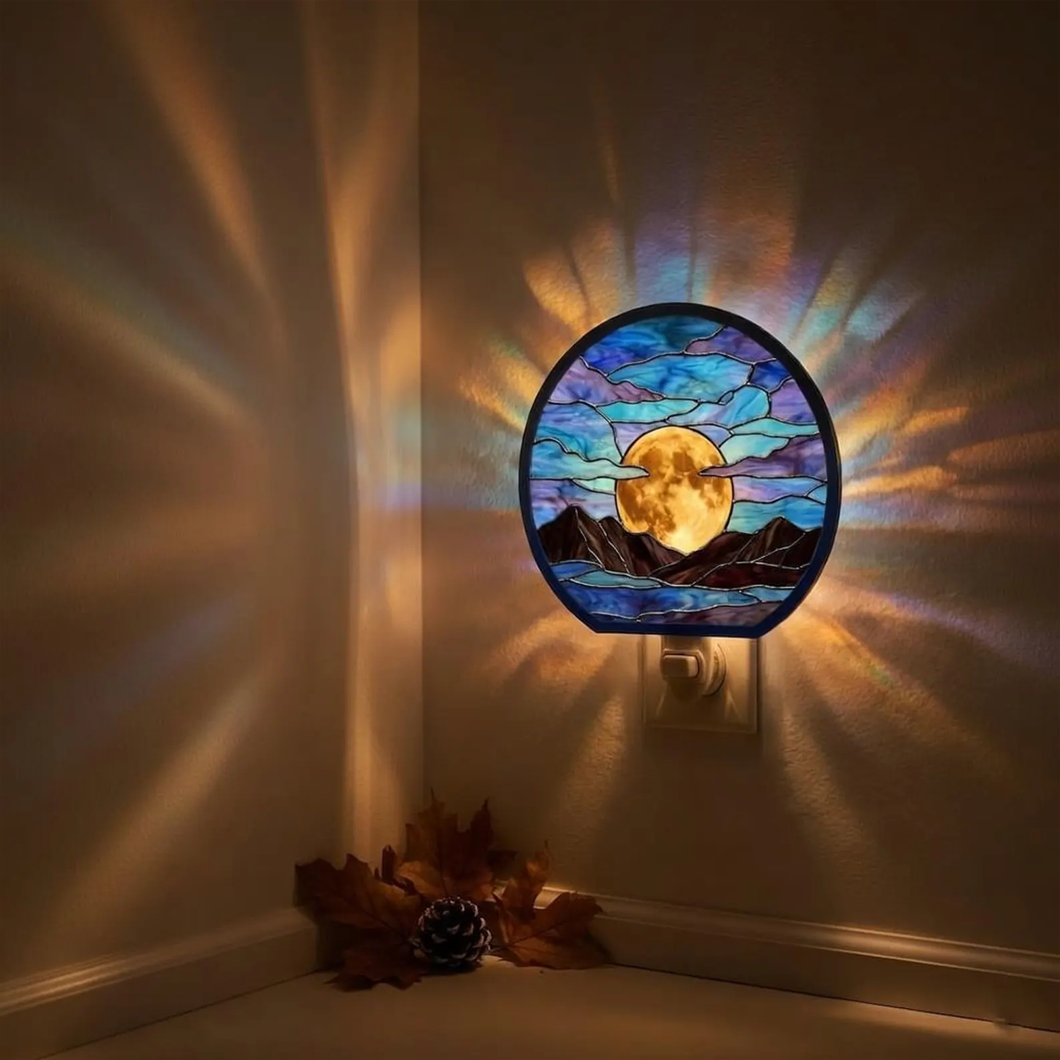 Full Moon Over Mountains Stained Glass Night Light, Celestial Landscape Plug In Lamp, Moonlit Night Sky Bedroom Decor, Nature Inspired Light